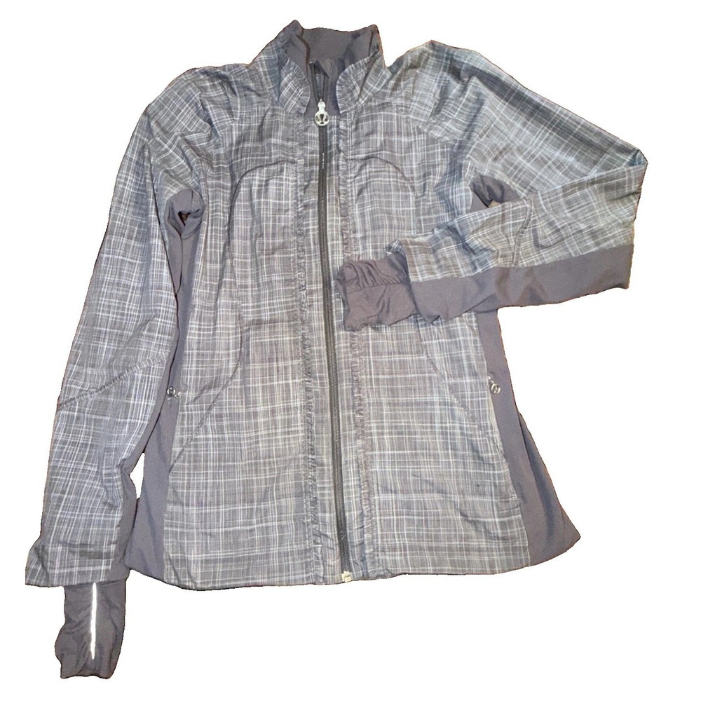 Lululemon Ahead of the Curve Jacket Gray Plaid Ruffle Trim Size 8 Thumb Holes